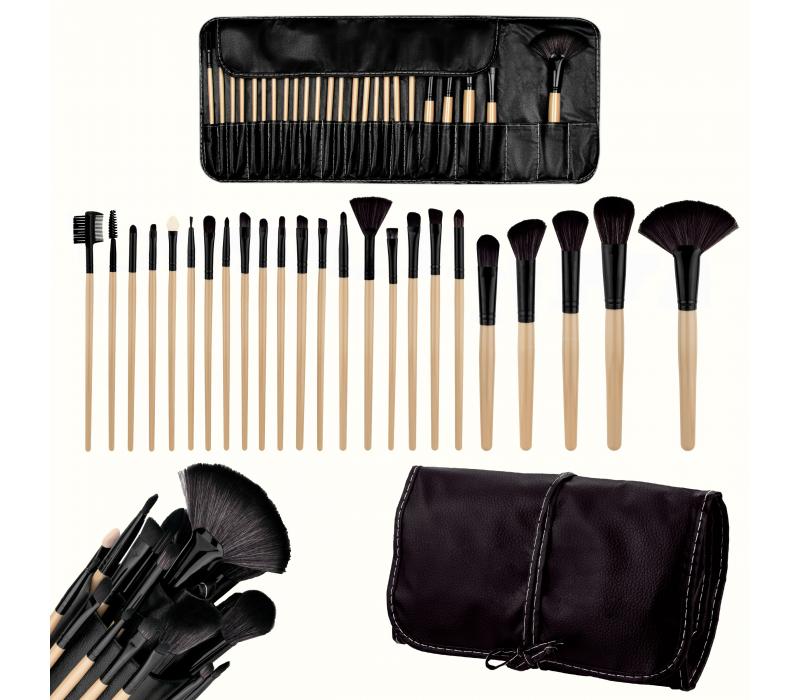 Pędzelki do makijażu 24 sztuki w etui - Wood